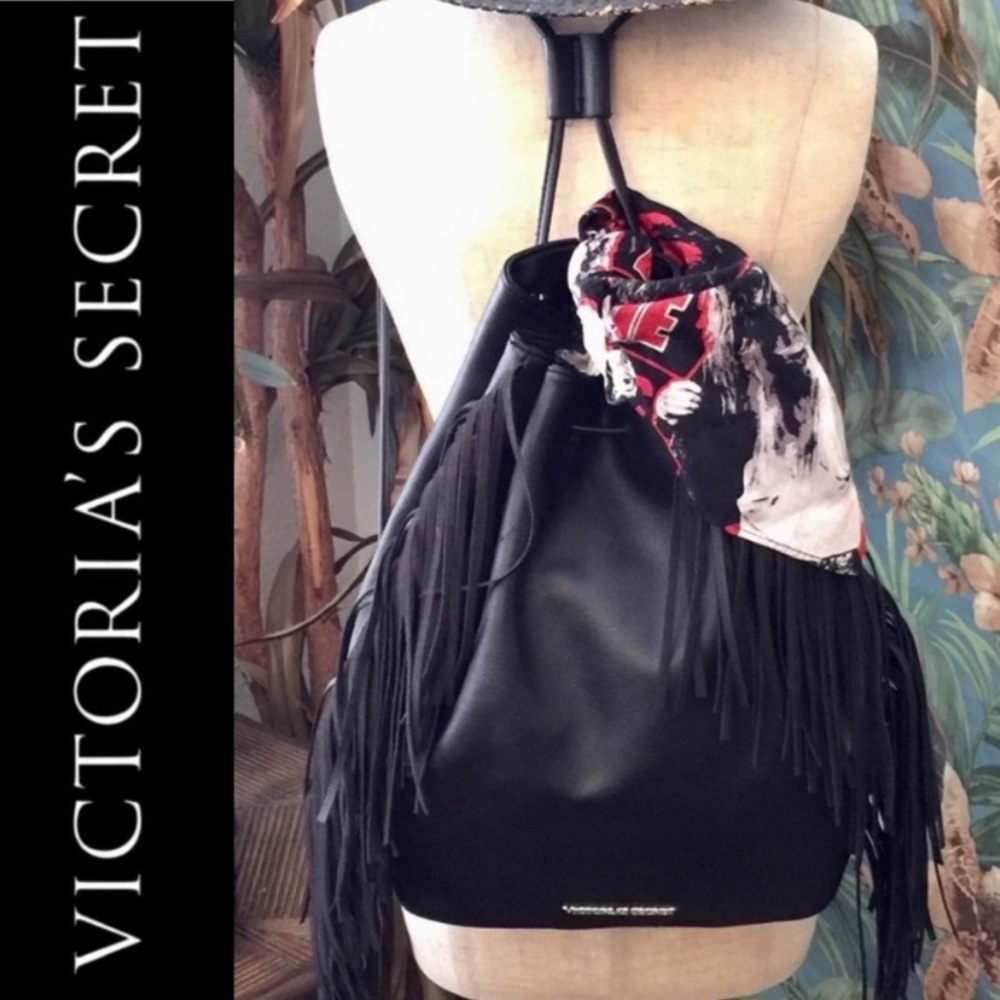 "Victoria's Secret black faux leather fringe bag backpack